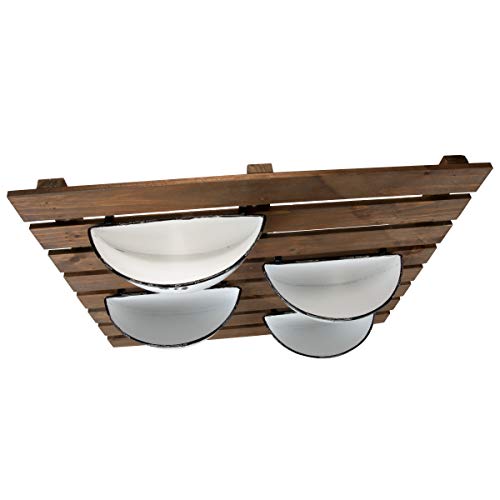Rustic Slat Wood Wall Planter with Four Distressed White Enamel Pots