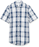 Men's Slim-Fit Short-Sleeve Plaid Casual Poplin Shirt, White/Navy
