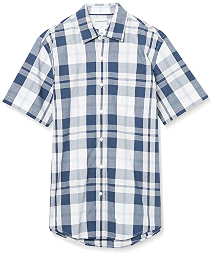 Men's Slim-Fit Short-Sleeve Plaid Casual Poplin Shirt, White/Navy