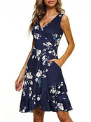 Sun Dresses Women Summer Casual Fit and Flare Floral Wrap V Neck Aline Dress