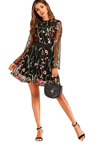 Women's Floral Embroidery Mesh Round Neck Tunic Party Dress