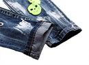Men's Casual Straight Slim Paint Printed Jeans with Patches, Blue896, 30
