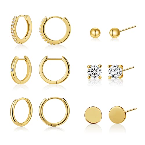 6 Pairs Stud and Hoop Earrings Set for Women 18K Gold Filled CZ Small Ball Studs Huggie