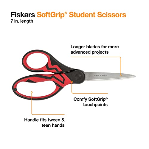 Fiskars Student Scissors, Scissors for School, SoftGrip 7 Inch, 3 Pack