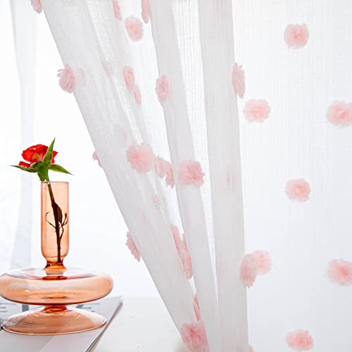 Pink Pom Pom Sheer Curtains for Bedroom Light Filtering Semi-Sheer Curtains for Nursery