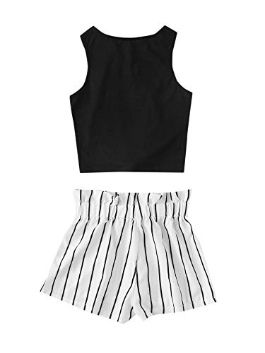 Girl's 2 Piece Outfit Tie Knot Tank Tops and Striped Paperbag Waist Shorts