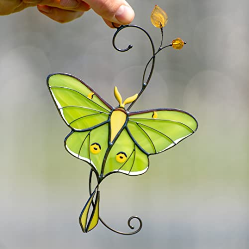 Green Luna Moth Butterfly Handmade Stained Glass Suncatcher