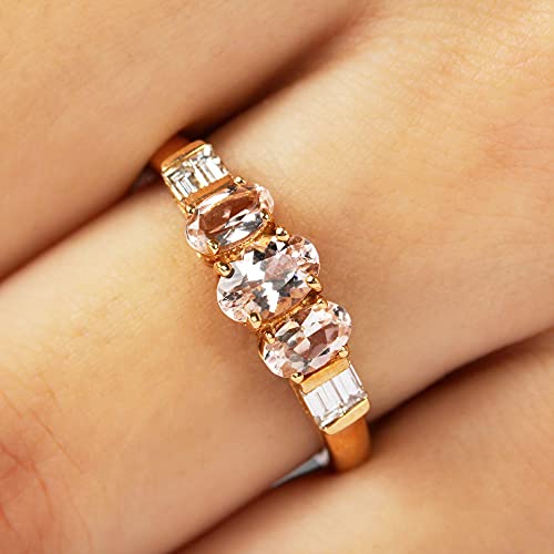 1.25 CT Oval Cut Morganite Three Stone Ring with Diamond , 14K Yellow Gold