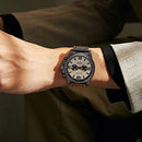 FANMIS Mens Leather Strap Watches Classic Sandwich Dial Casual Dress Stainless Steel Waterproof Chronograph Date Analog Quartz Watch (Black Brown)