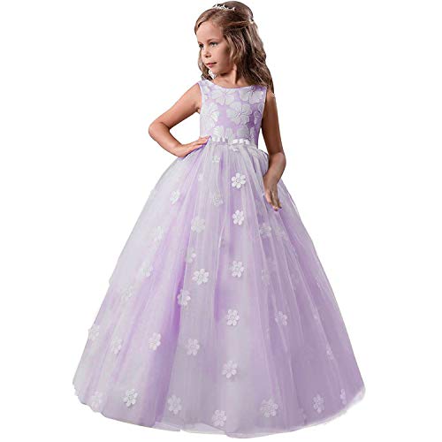 Girls Pageant Princess Flower Dress Kids Prom Puffy Tulle Ball Gowns Size 6-7 Years Purple