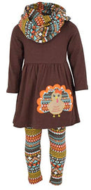 Unique Baby Girls 3 Piece Colorful Aztecan Thanksgiving Turkey Legging Set (5/L, Brown)