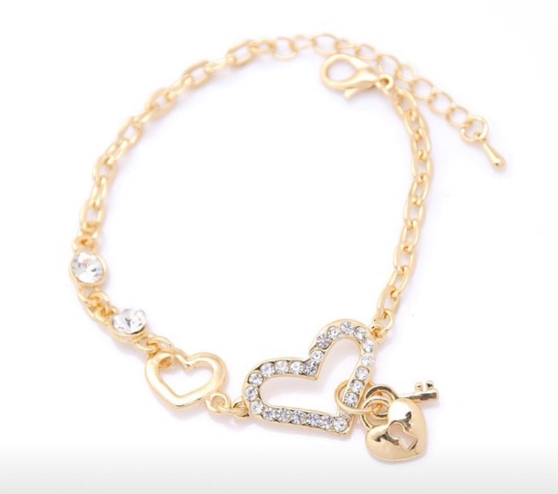 Heart Shape Charm Gold Plated Chain Link Bracelet with Crystal