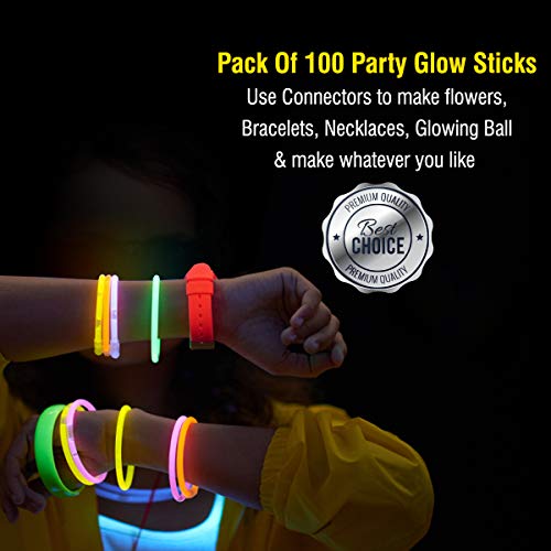 Premium Glow Sticks 100 Bulk Party Supplies Glow in The Dark 12 Hours Glow Party Pack 8 inch with Unique Connectors Neon Glow Bracelets Necklaces for Kids Camping Accessories 205 Pcs