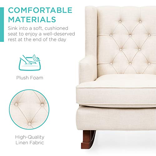 Rocking Accent Chair, Tufted Upholstered Linen Wingback