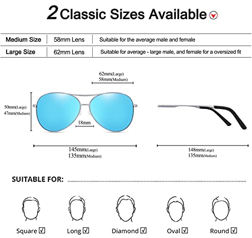 Aviator Sunglasses for Men Women Polarized UV400 Protection Mirrored Lens