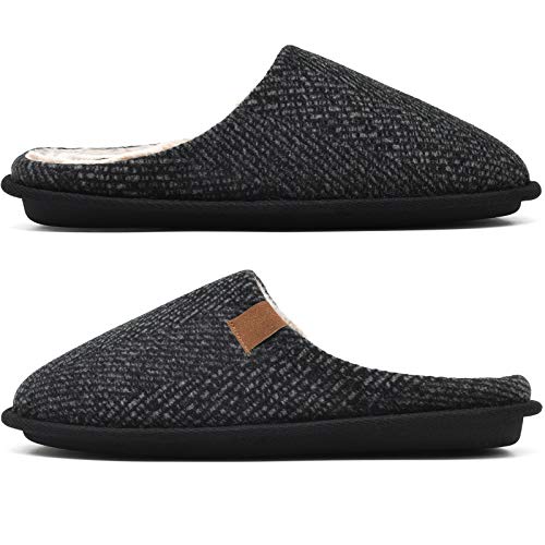 Mens Black Woolen Cozy Memory Foam scuff Slippers Slip On Warm House Shoes