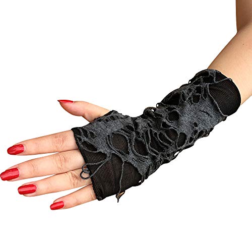 Women's Punk Fingerless Glove Cosplay Ripped Gloves for Halloween Costume Party