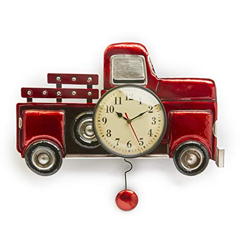 Pendulum Wall Clock with Vintage-Style Red Truck, Battery-Powered Analog Dial