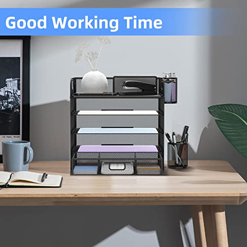 5-Trays Desktop File Organizer with Handle, Letter Tray Paper Organizer with Drawer and Pen Holders