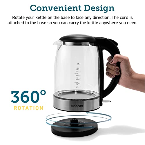 Electric Kettle with Stainless Steel Filter and Inner Lid, 1500W Wide Opening 1.7L Glass tea