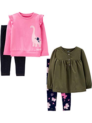 Toddler Girls' 4-Piece Long-Sleeve Shirts and Pants Playwear Set, Olive/Pink, Dinosaur, 3T