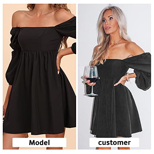 Womens Square Neck Dress Long Puff Sleeve A-Line Casual Short Mini Dress