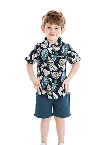 Toddler Baby Boy Shorts Sets Hawaiian Outfit,Infant Kid Leave Floral Short Sleeve Shirt Top+shorts Suits Dark Blue