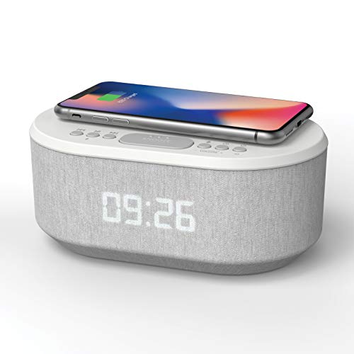 Bedside Radio Alarm Clock with USB Charger, Bluetooth Speaker, QI Wireless Charging, Dual Alarm Dimmable LED Display (White)