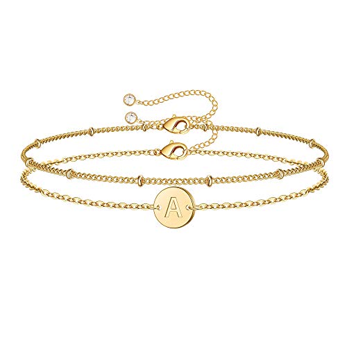 14K Gold Filled Layered Beaded A Letter Initial Bracelet Personalized Disc Charm Bracelet