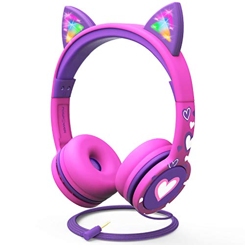 Kids Headphones with LED Light Up Cat Ears 3.5mm On Ear Audio Headphones for Kids
