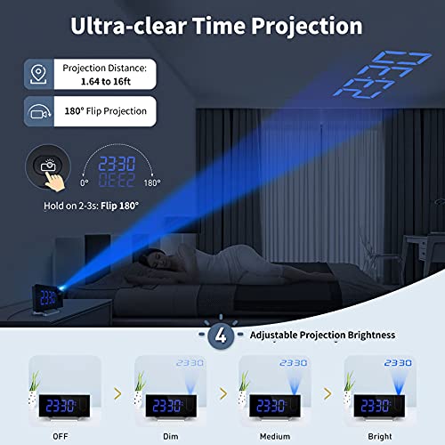 Projection Alarm Clock with 0-100% Dimmer and FM Radio, Dual Alarm, 5 Alarm Sounds