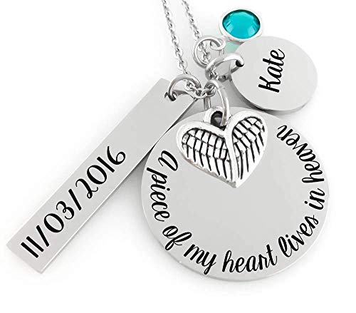 Remembrance Necklace - A piece of my Heart lives in Heaven - Date & Initial Charm - Angel Wing - Stainless Steel