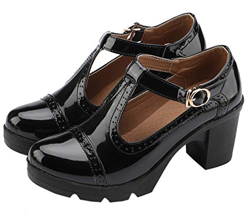 Women's Classic T-Strap Platform Mid-Heel Square Toe Oxfords Dress Shoes Black US Size