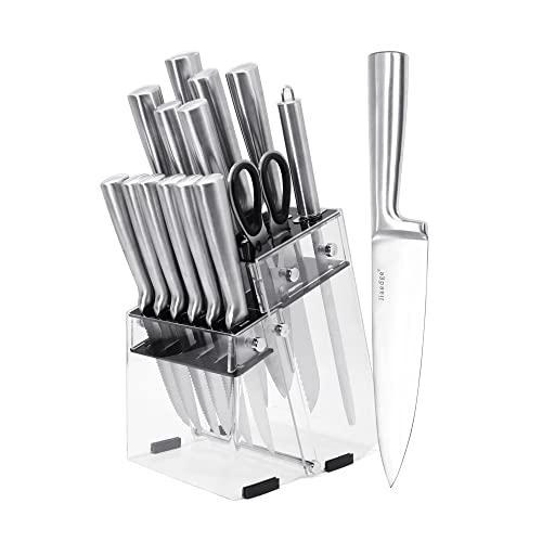 Kitchen Knife Set 15PCS, Stainless Steel Knife set, knife set with block, steak knives, Acrylic Stand, Knife Sharpener（Silver）