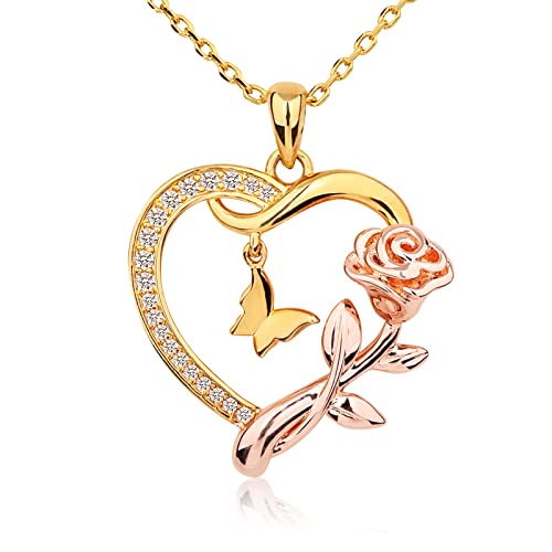 Heart Butterfly Rose Necklace 14k Gold Plated Pendant