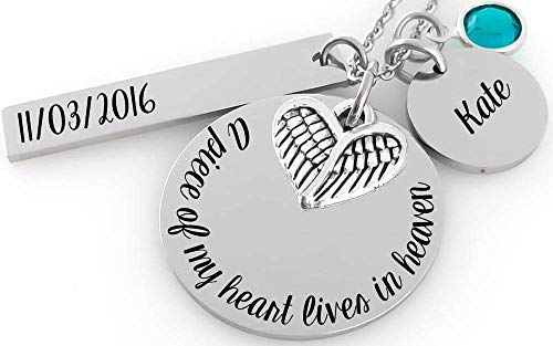 Remembrance Necklace - A piece of my Heart lives in Heaven - Date & Initial Charm - Angel Wing - Stainless Steel