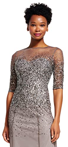 women's 3/4 Sleeve Beaded Illusion Gown with Sweetheart Neckline, Lead, 16