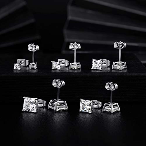 18K White Gold Plated Princess Cut Clear Cubic Zirconia Stud Earring Pack of 5 Pairs