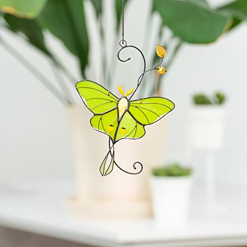 Green Luna Moth Butterfly Handmade Stained Glass Suncatcher