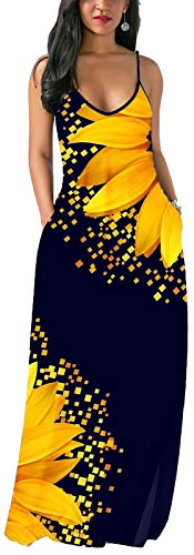 shengfan Sunflower Dresses for Women Casual Sleeveless Printed Maxi Dress V Neck Long Sundresses with Pockets