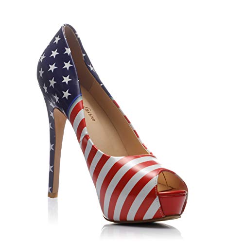 Womens High Stiletto Heels Red American Flag Printed Peep Toe Sexy Platform Pumps Shoes US 6