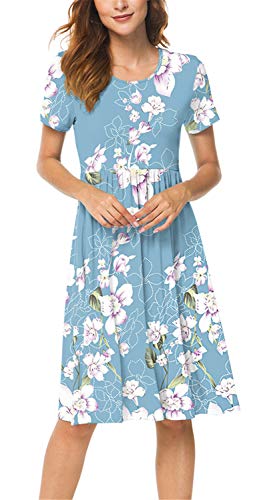 Women Summer Casual Short Sleeve Dresses Empire Waist Dress with Pockets