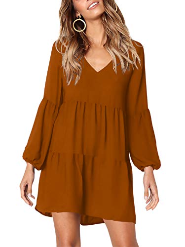 Amoretu Women Long Sleeve Tunic Dress V Neck Swing Shift Dresses(Brown,Medium)