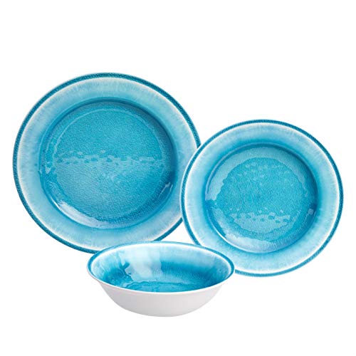 Amazon Basics Melamine Dinnerware Set, Service for 4, Teal Crackle Glaze - Set of 12