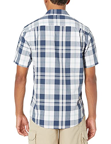 Men's Slim-Fit Short-Sleeve Plaid Casual Poplin Shirt, White/Navy