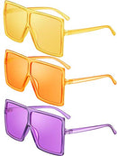 3 Piece Oversized Square Sunglasses Flat Top Fashion Shades Oversize Sunglasses (Yellow, Orange, Purple)