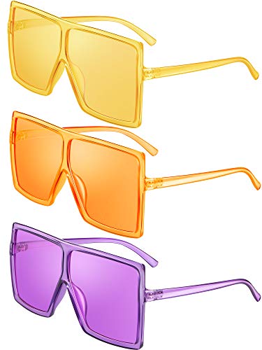 3 Piece Oversized Square Sunglasses Flat Top Fashion Shades Oversize Sunglasses (Yellow, Orange, Purple)