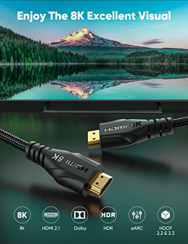 8K HDMI Cable 25FT/7.5M, Long HDMI 2.1 Cable Ultra High Speed Braided 48Gbps, 8K60Hz 4K120Hz 144Hz HDMI Cord eARC HDR,Compatible with Samsung Fire Roku Apple TV 4K