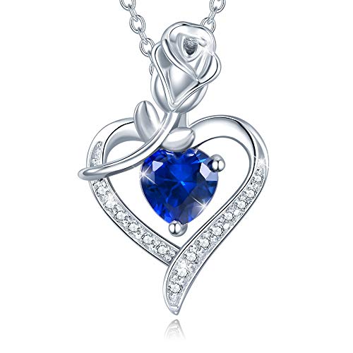 September Birthstone Jewelry Sapphire Necklace for Women Sterling Silver Rose Flower