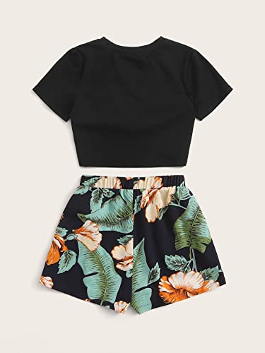 Girl's Summer 2 Piece Twist Front Crop Tops with Floral Belted Short Set